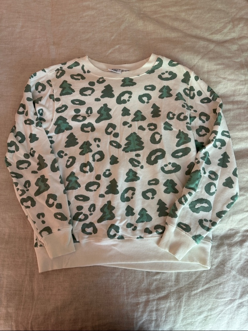 Mighty Fine Cream Crewneck Sweater with Green Tree & Spot Print